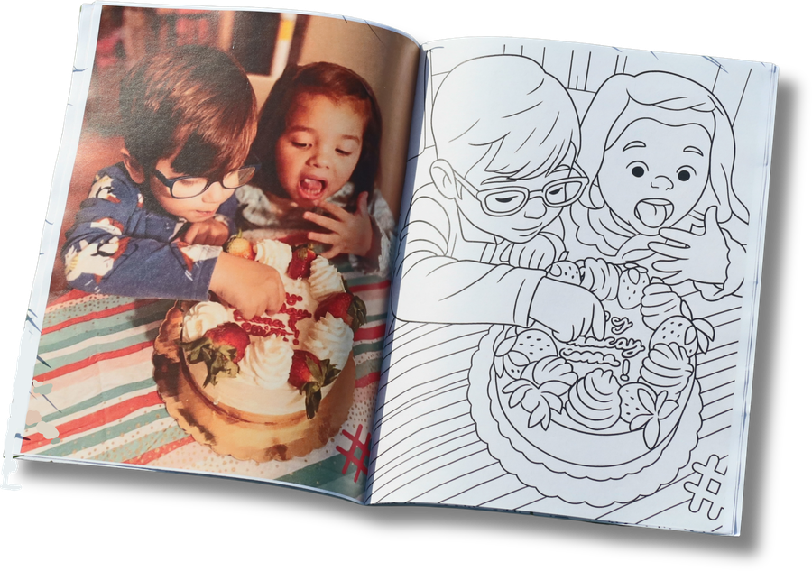 Family photo beside its personalized coloring page